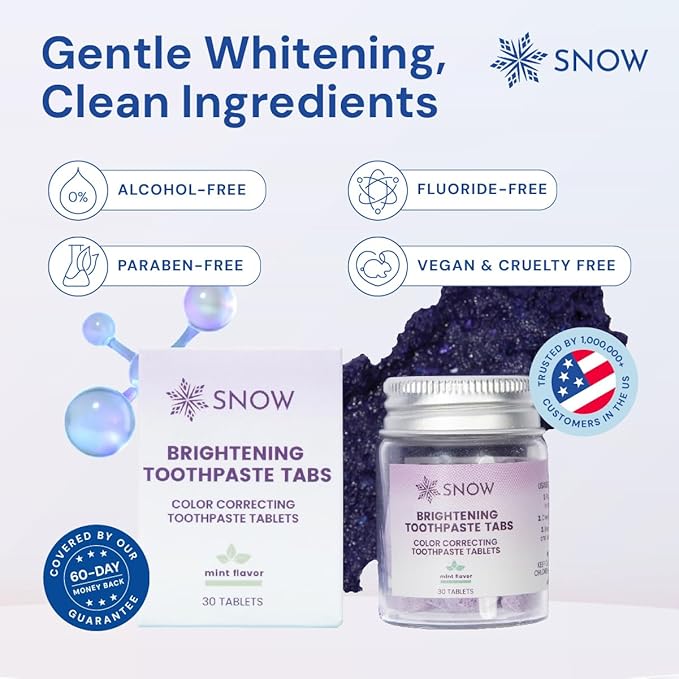 SNOW Purple Whitening Toothpaste Tablets - 30 Count, Purple Toothpaste for Whitening, Color Correcting Tablets for Oral Care, Instantly Brightens Teeth, Removes Yellow Stains & Freshens Breath