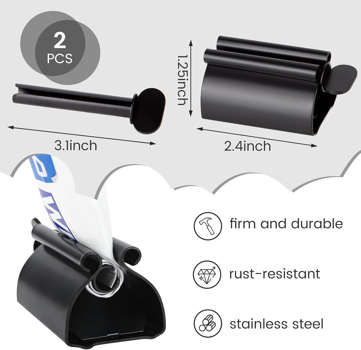LOVEINUSA Toothpaste Tube Squeezer Dispenser, 2PCS Toothpaste Roller Squeezer Tool Stainless Steel Tooth Paste Holder for Bathroom, Black