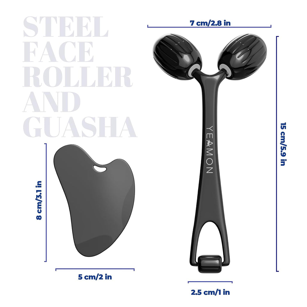 Yeamon Gua Sha Facial Tools and Face Roller Set, Facial Massage Tool for Women’s Skincare Routine,Cooling Stainless Steel Face Sculpting Eyes Roller Guasha for Daily Use or Self-Care Gift for Women