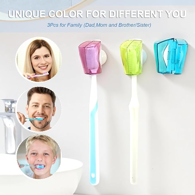 3 Pcs Toothbrush Holder Case with Suction Cup Wall Mounted with Cover Moisture-Proof and Dust-Proof Toothbrushs Storage Organizer Single Slot Design Mini Toothbrush Hanger Rack for Travel