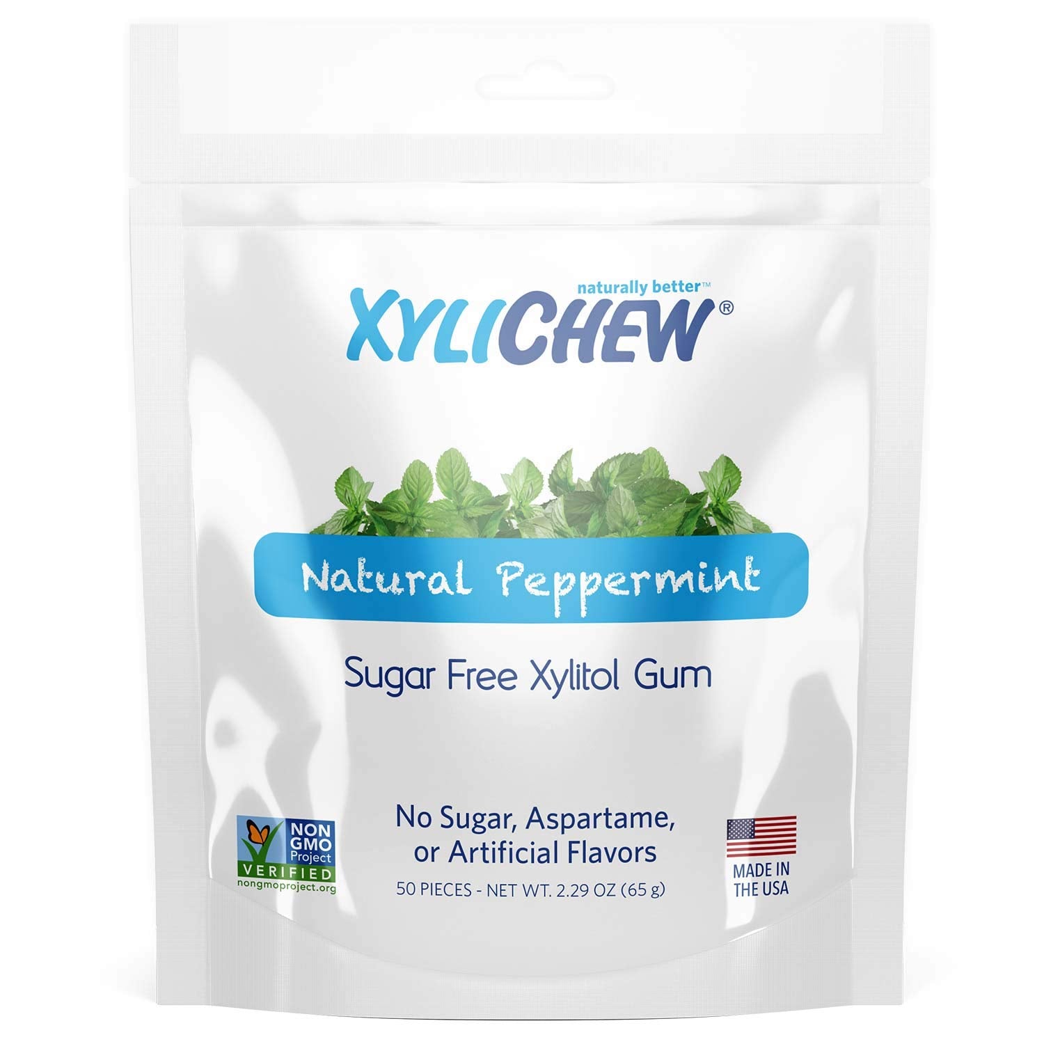 Xylichew 100% Xylitol Chewing Gum - Non GMO, Non Aspartame, Gluten Free, and Sugar Free Gum - Natural Oral Care, Relieves Bad Breath and Dry Mouth - Peppermint, 50 Count