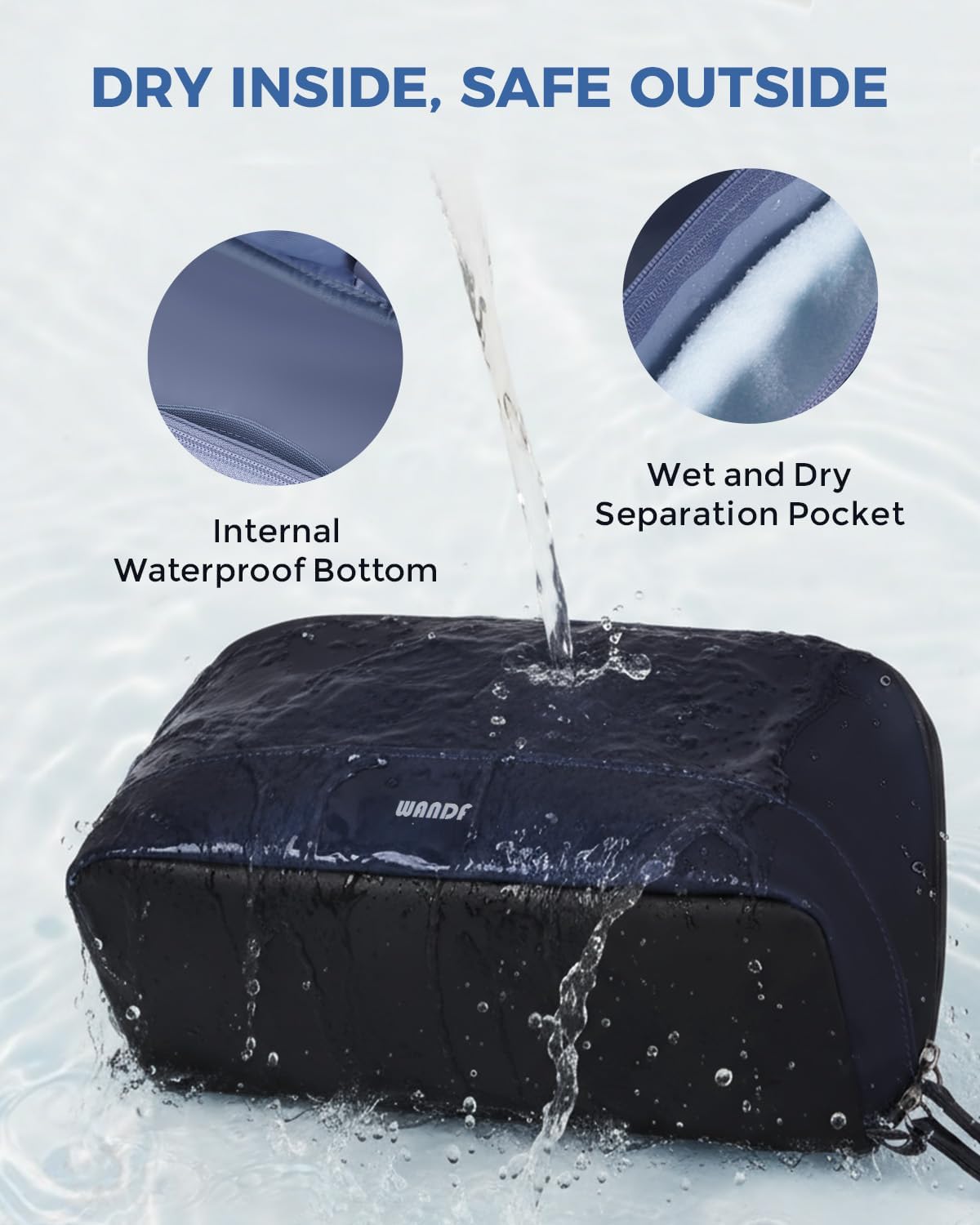 WANDF Toiletry Bag for Men, PU Leather Travel Organizer with Detachable Waterproof Hanging Pouch, Open-Flat Dopp Kit Shaving Bag with Wet Pocket for Travel Toiletries Accessories (Navy Blue)