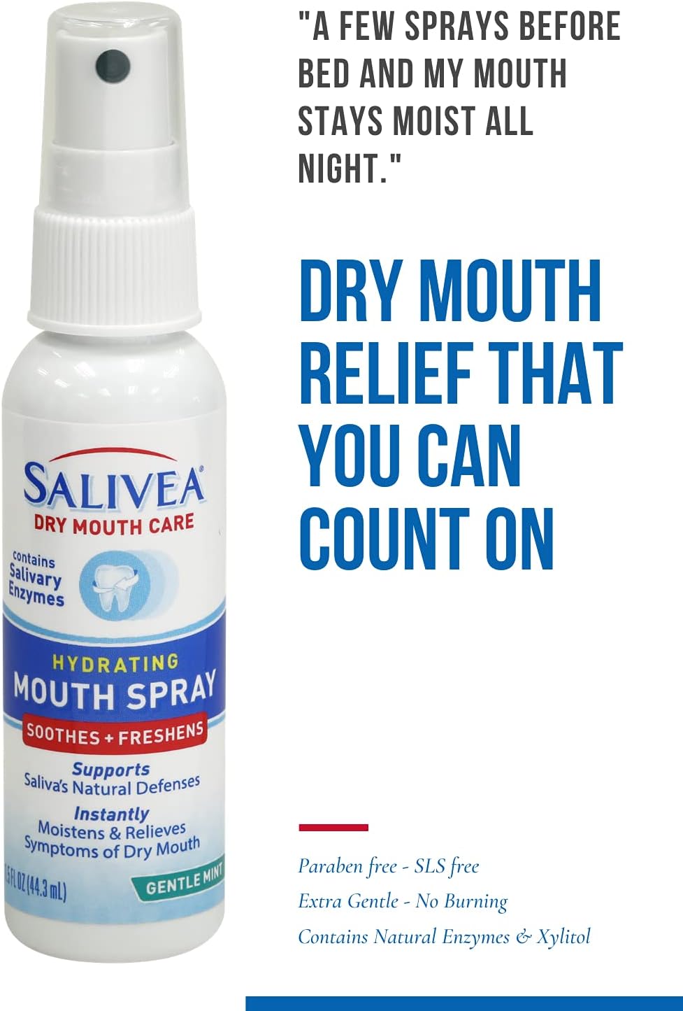 SALIVEA Extra Gentle Dry Mouth Spray - Soothing Mint Mouth Spray with Salivary Enzymes - Moisturizing Mouth Spray to Aid Dry Mouth - Supports Saliva's Natural Defenses - 250 Pumps (1.5oz Bottle)