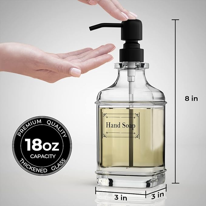 GLADPURE 2 Pack Soap Dispenser, 18 Oz Antique Design Thick Glass Hand Dispensers; with 304 Rust Proof Stainless Steel Pump, 6Pcs Clear Stickers, for Kitchen, Bathroom- Black