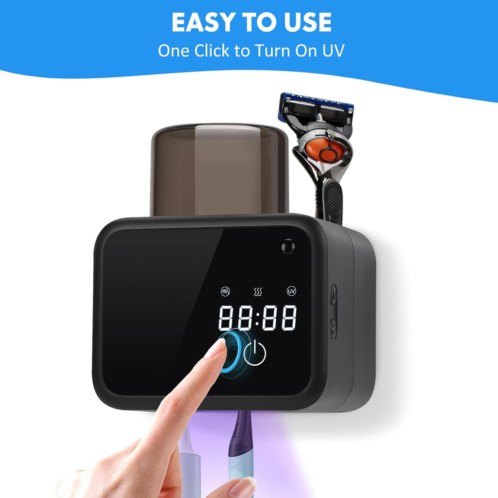 Wall Mounted Toothbrush Cleaning Holder, 2 Slots Toothbrush Cleaner with LED Screen, Timer and Cup, Smart UV Toothbrush Storage with Heating and Fan Drying for Bathroom Organizer & Decor - Black