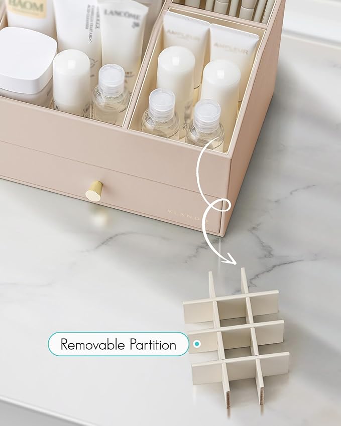 Vlando Makeup Organzier,Vanity Organizer with Drawers, PU Leather Skincare Organizer Perfume Organizer,Large Cosmetic Display Case for Lipstick,Brushes Gifts for Women-Toffee