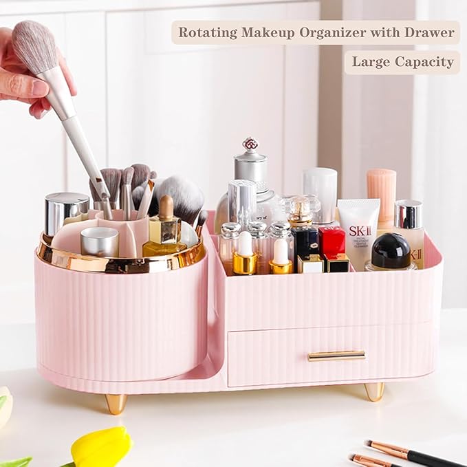 Rotating Makeup Organizer for Vanity with Brush Holder and Drawer, Cosmetic Makeup Storage, Large Spinning Makeup Skincare Organizer, Countertop Makeup Perfume Organizer, Lotions Display Case (Pink)