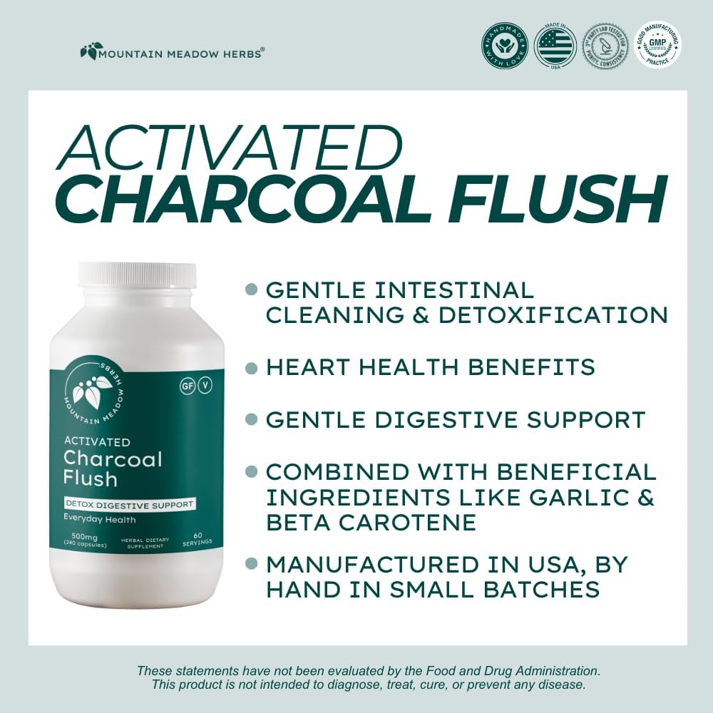 Mountain Meadow Herbs Activated Charcoal Flush – Natural Detox Cleanse Supplement for Digestion, Gas Relief, and Bloating Support – Activated Charcoal Capsules for Internal Cleansing 240ct