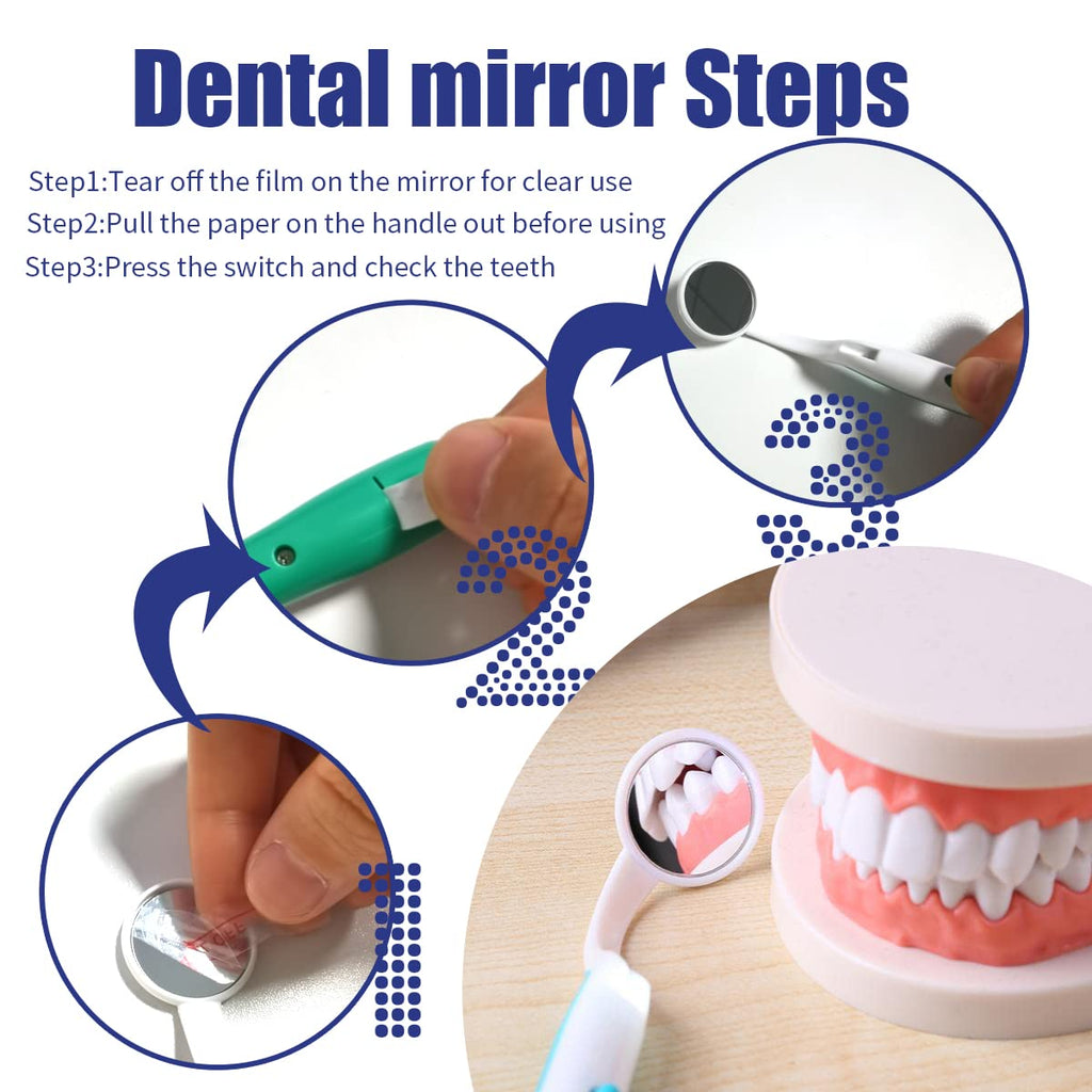 2 Pcs Dental Mirror with Light Tool LED Lighted Teeth Inspection Mirror Anti Fog Curve Angle Dentist Oral Care Tool (Dark Blue)