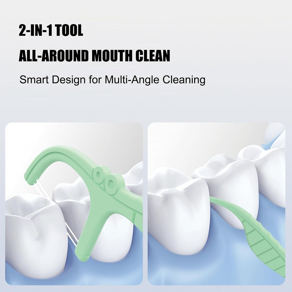 Mint Twin Line Dental Floss Picks - 400 Count (2 Packs of 200) | Minty Fresh Floss Sticks for Adults | Unique Seahorse Design | Individually Wrapped for Hygiene & Convenience