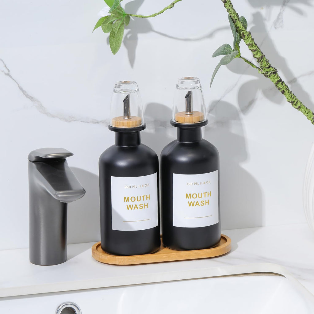 11.8OZ Glass Mouthwash Dispenser for Bathroom with Stainless Steel & Bamboo Nozzle, Mouthwash Cup Reusable, Bamboo Tray, and Elegant Gold Sticker.Set of 2（Black