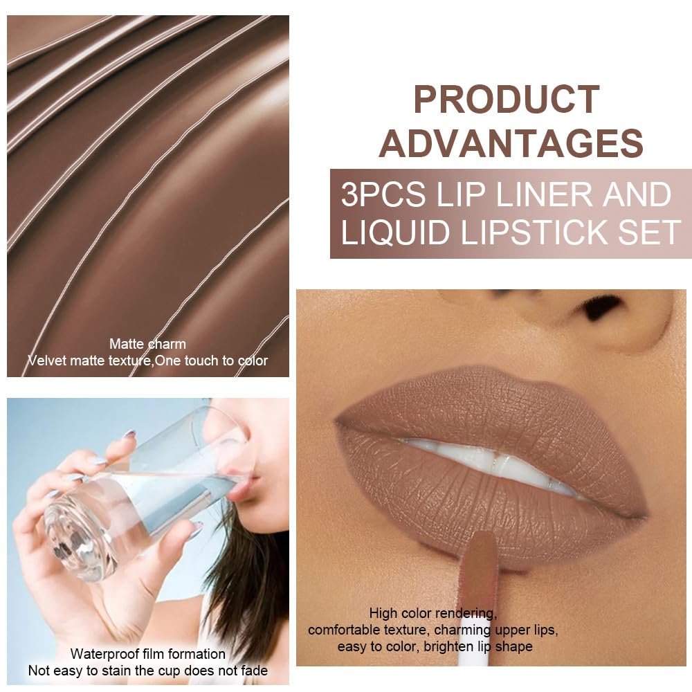 3Pcs 2 in 1 Pale Neutral True Nude Matte Lip Liner and Liquid Lipstick Stain Makeup Set for women, Long Lasting Smudge Proof Lip Tint Matte Finish Lip Gloss for All-Day Color Hold, Set30