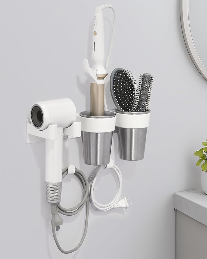 Hair Tool Organizer, Hot Tools Organizer Wall Mount White, Aluminum Hair Tool Organizer Wall Mount, Wall Mounted Hot Tool Organizer with 2 Stainless Steel Cups for Bathroom & Vanity Storage CHOCHYAH