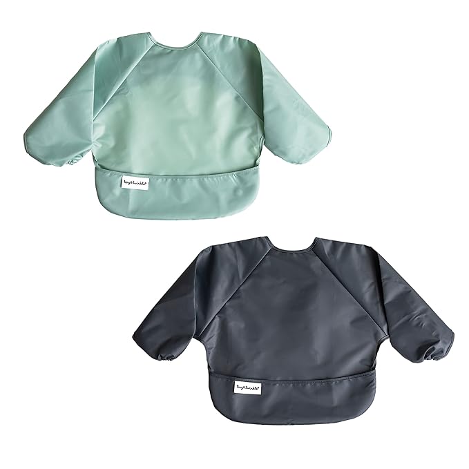 Tiny Twinkle Long Sleeve Bib for Babies & Toddlers – 2 Pack Waterproof Smock Bibs for Eating – Machine Washable & Mess-Proof, Baby Feeding Essential & Shower Must-Have (Sage Charcoal,6–24M)