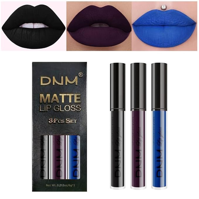 evpct 3Pcs Dark Black Purple Blue Matte Liquid Lipstick Halloween for Women Long Lasting Smudge Proof Black 24 Hours Original Lip Liner and Lipstick Stain Makeup Set labial mate larga duracion 24