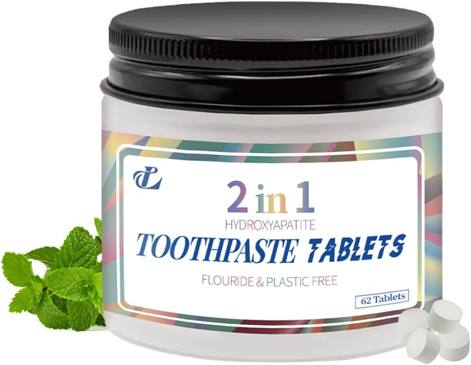 Toothpaste Tablets with Nano Hydroxyapatite – 2-in-1 Chewable Mint Tablets for Fresh Breath & Daily Cleaning, Fluoride-Free, Travel Friendly Jar, 62 Count (1)