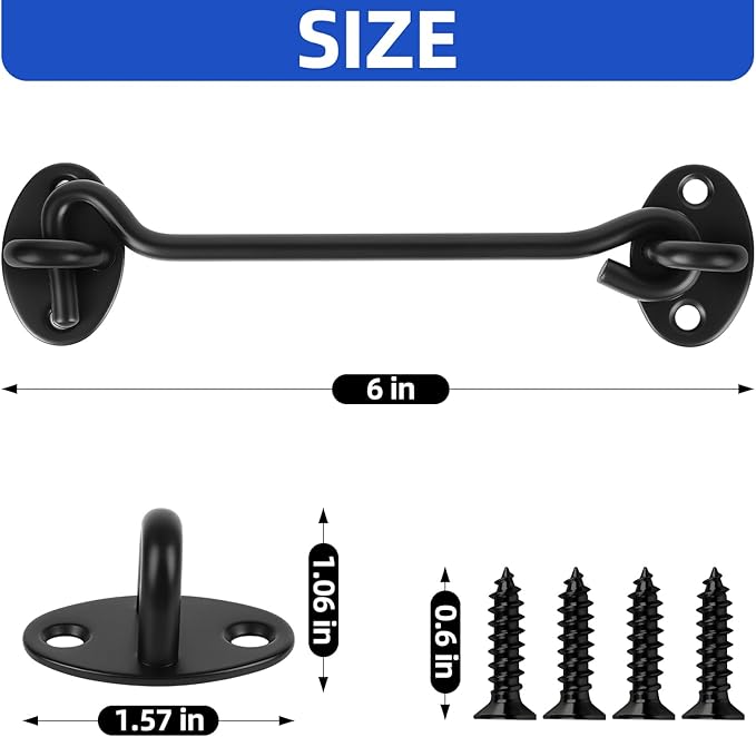 6" Black Stainless Steel Gate Latch, Barn Door Lock with Screws, Privacy Hook for Inside Door, Fence, Window, 2 PCS