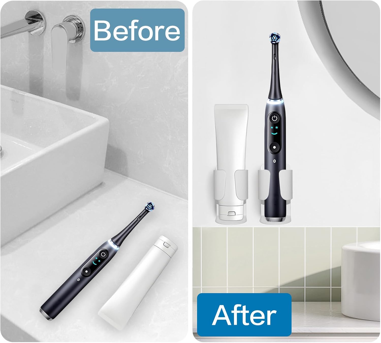 Electric Toothbrush Holder Wall Mount, 304 Stainless Steel Self-Adhesive Bathroom Organizer for Electric Toothbrush, Toothpaste & Face Wash-Space Saving, Waterproof, Holds Up to 10lbs (White 2 Pack)