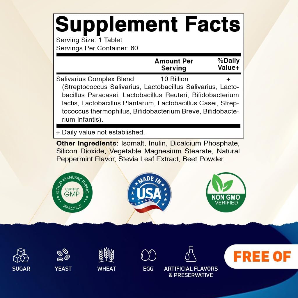 Vitamatic Salivarius Complex 10 Billion Chewable Mint Flavored Tablet - 60 Count - Oral Health Chewable Probiotics + Prebiotics - Supports Healthy Teeth, Gums, & Better Breath (Pack of 2)