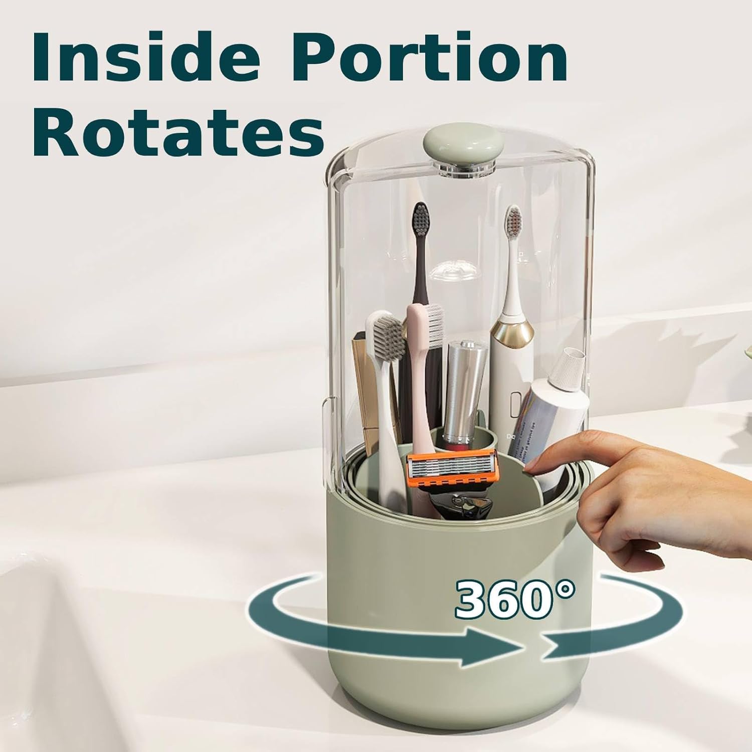 Toothbrush Holder with Cover 360 Rotating 4 Compartments Bathroom Toothpaste Electric Toothbrush Organizer, Light Green