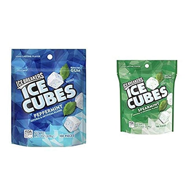ICE BREAKERS Ice Cubes Sugar Free Gum Variety bundle; Peppermint and Spearmint Gum, 100 Piece each