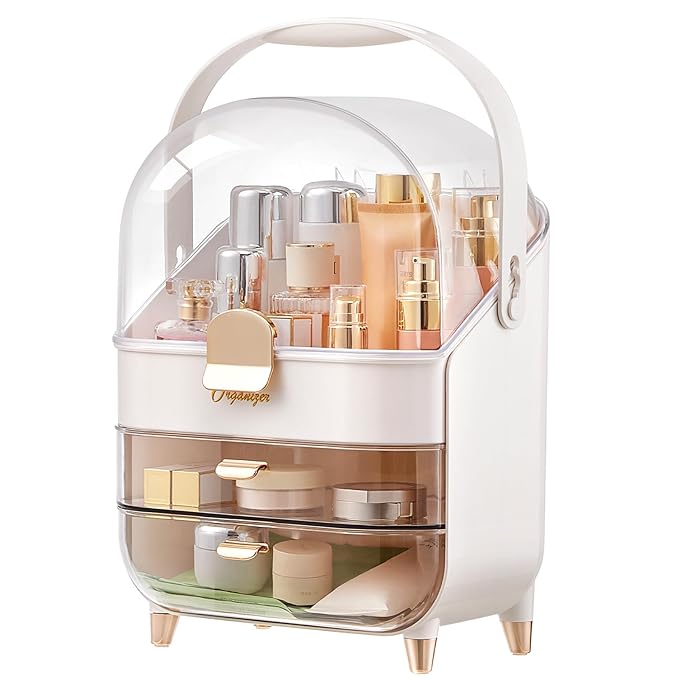 Makeup Organizers, Make Up Organizer for Vanity, Countertop Cosmetic Storage with Drawers and Transparent Cover for Bedroom Bathroom, Pearl White