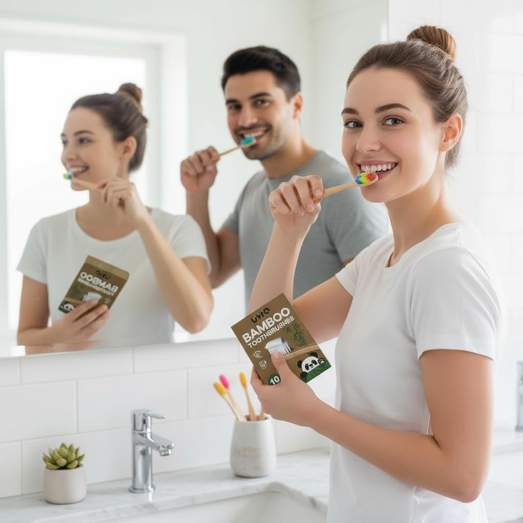 Bamboo Toothbrushes for Adults - 10 Pack Biodegradable Bamboo Toothbrush Teeth Colorful Bristle Natural Bamboo Tooth Brush Dental Eco Wood Toothbrushes (Multicolour)