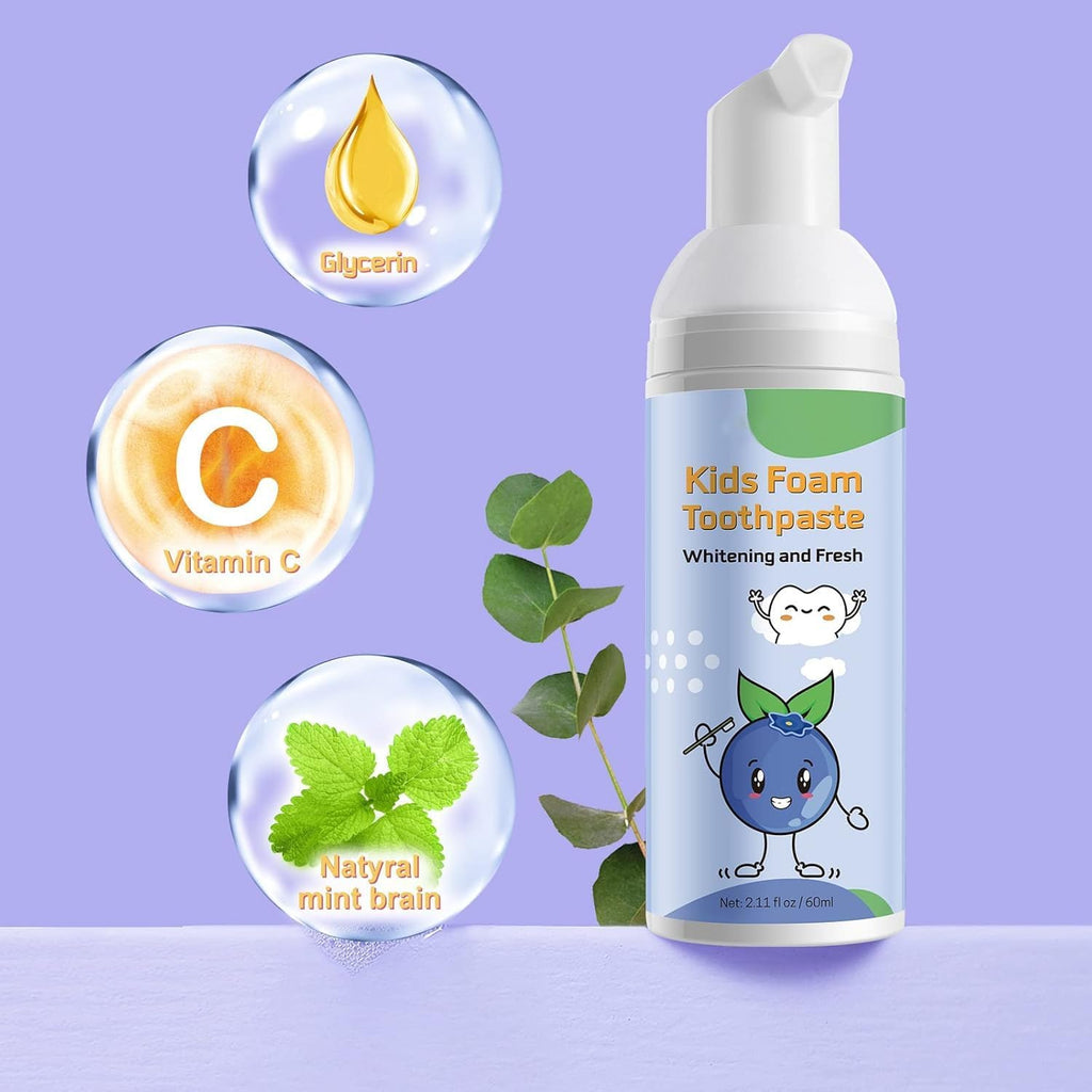 Foam Toothpaste Kids,Toddler Toothpaste with Low Fluoride & Natural Formula to Reduce Plaque, Kids Toothpaste for U Shaped Toothbrush for Children Ages 3 Plus (120 ML, Blueberry & Strawberry)