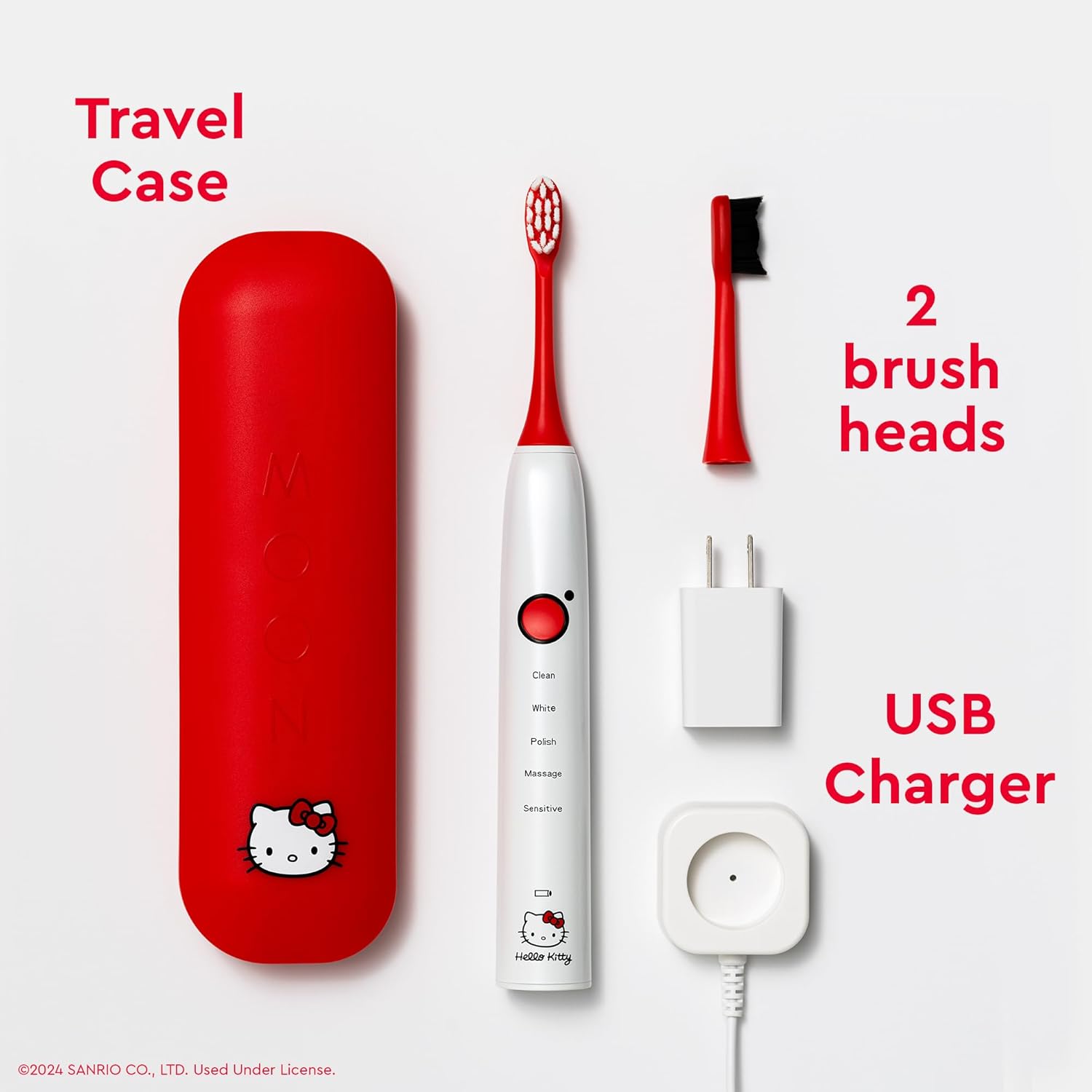 MOON x Hello Kitty Sonic Electric Toothbrush for Adults & Teens, 5 Smart Modes, Clean, White, Massage, Polish & Sensitive, Rechargeable, Travel Case, 2 Brush Heads, Industry-Leading 6 Week Charge