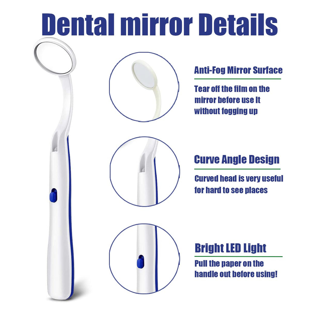 2 Pcs Dental Mirror with Light Tool LED Lighted Teeth Inspection Mirror Anti Fog Curve Angle Dentist Oral Care Tool (Dark Blue)