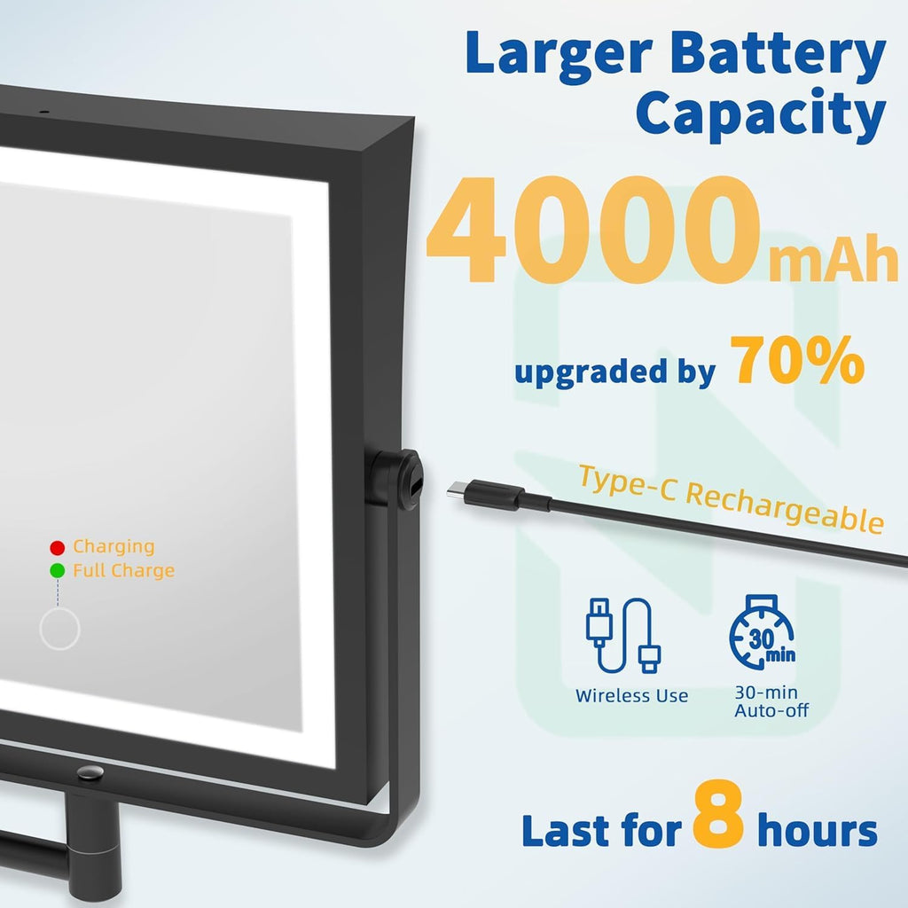 Ruacq Rechargeable Wall Mounted Makeup Mirror with Lights, Double Sided 1X/10X Magnifying Vanity Mirror with 3 Color Lighting, Touch Screen Dimmable, 360° Rotation Extension Foldable Arm(Matte Black)