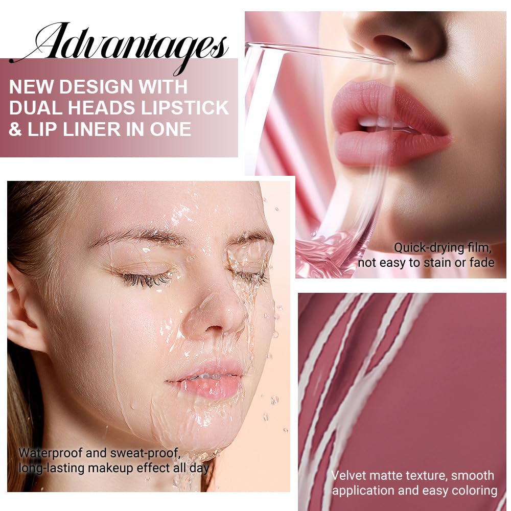 1Pcs 2 in 1 Red Brown Matte Lip Liner and Liquid Lipstick Stain Makeup Set for women, Red Brown Long Lasting Smudge Proof Lip Tint Matte Finish Lip Gloss for All-Day Color Hold Easy to Use 57#