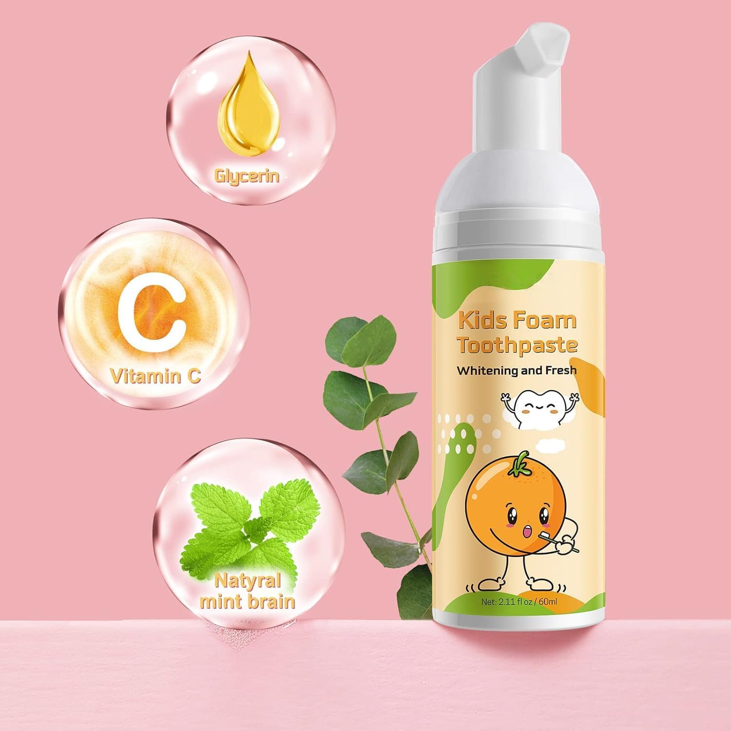 Foam Toothpaste Kids,Toddler Toothpaste with Low Fluoride & Natural Formula to Reduce Plaque, Kids Toothpaste for U Shaped Toothbrush for Children Ages 3 Plus (120 ML, Orange & Strawberry)