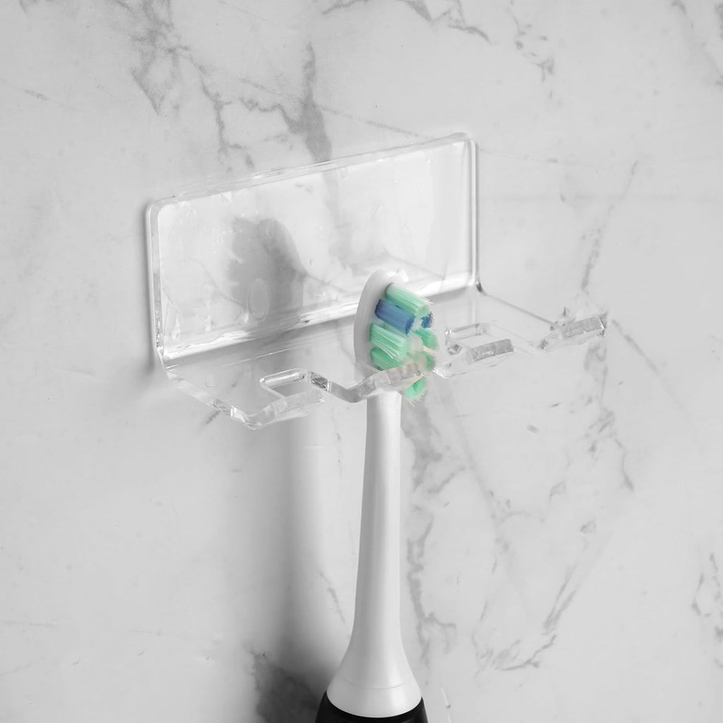 Self Adhesive Toothbrush Holders Wall Mounted, 3 Slots Electric Toothbrush Organizer for Shower, Multipurpose Rack Hanger for Power Plug, Razor, Key(Clear)
