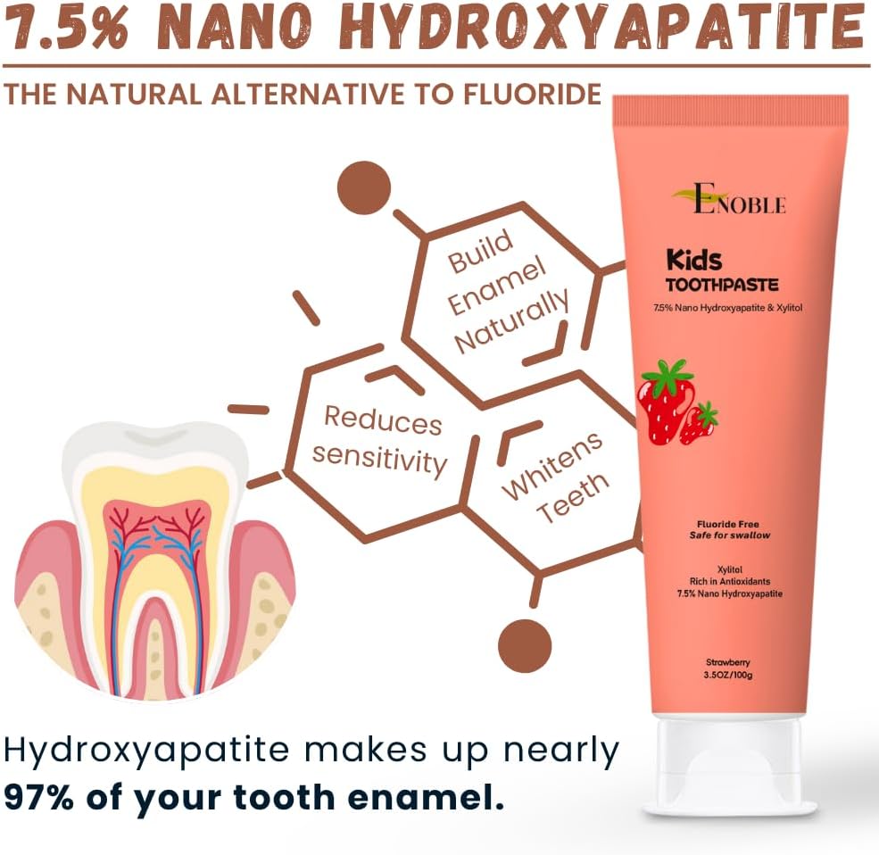 Enoble Kids Toothpaste | Natural Whitening Fluoride-Free Toothpaste for Kids & Adults | 7.5% Nano-Hydroxyapatite, 5% Xylitol, Green Tea & Aloe Vera | Strawberry | Safe if Swallowed | 3.5 oz, Pack of 1