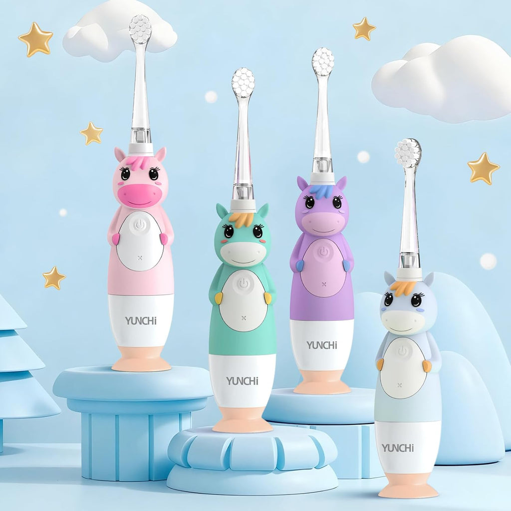 YUNCHI Toddler Electric Toothbrush Kids 0-3-6 Years, Baby Electric Toothbrush with Colorful LED Light, Battery Powered Toddler Toothbrush with 2 Minutes Timer 4 Brush Heads, Infant Toothbrush (Blue)