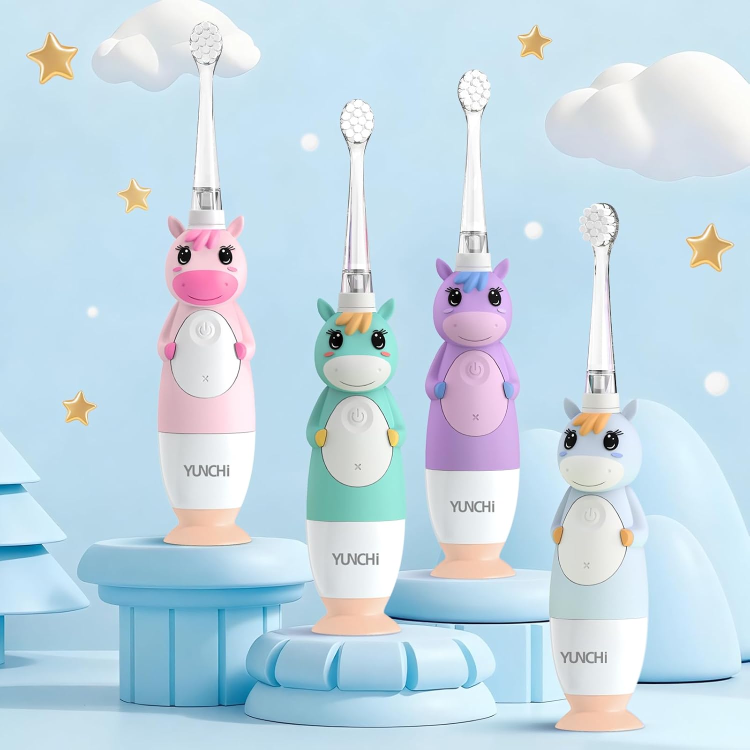 YUNCHI Toddler Electric Toothbrush Kids 0-3-6 Years, Baby Electric Toothbrush with Colorful LED Light, Battery Powered Toddler Toothbrush with 2 Minutes Timer 4 Brush Heads, Infant Toothbrush (Blue)