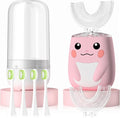 Kids Electric U Shaped Toothbrush Children Rechargeable Sonic Toothbrush with 6 Soft Brush Head Automatic Full Mouth 6 Cleaning Modes -Age8-15 Pink