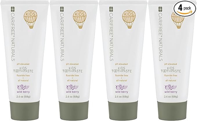 CariFree Naturals Kids Toothpaste | Fluoride-Free, 40% Xylitol, Organic Wild Berry Flavor, pH Elevated, Safe if Swallowed, Sugar-Free, 2.4 oz, Dentist Developed (Pack of 4)