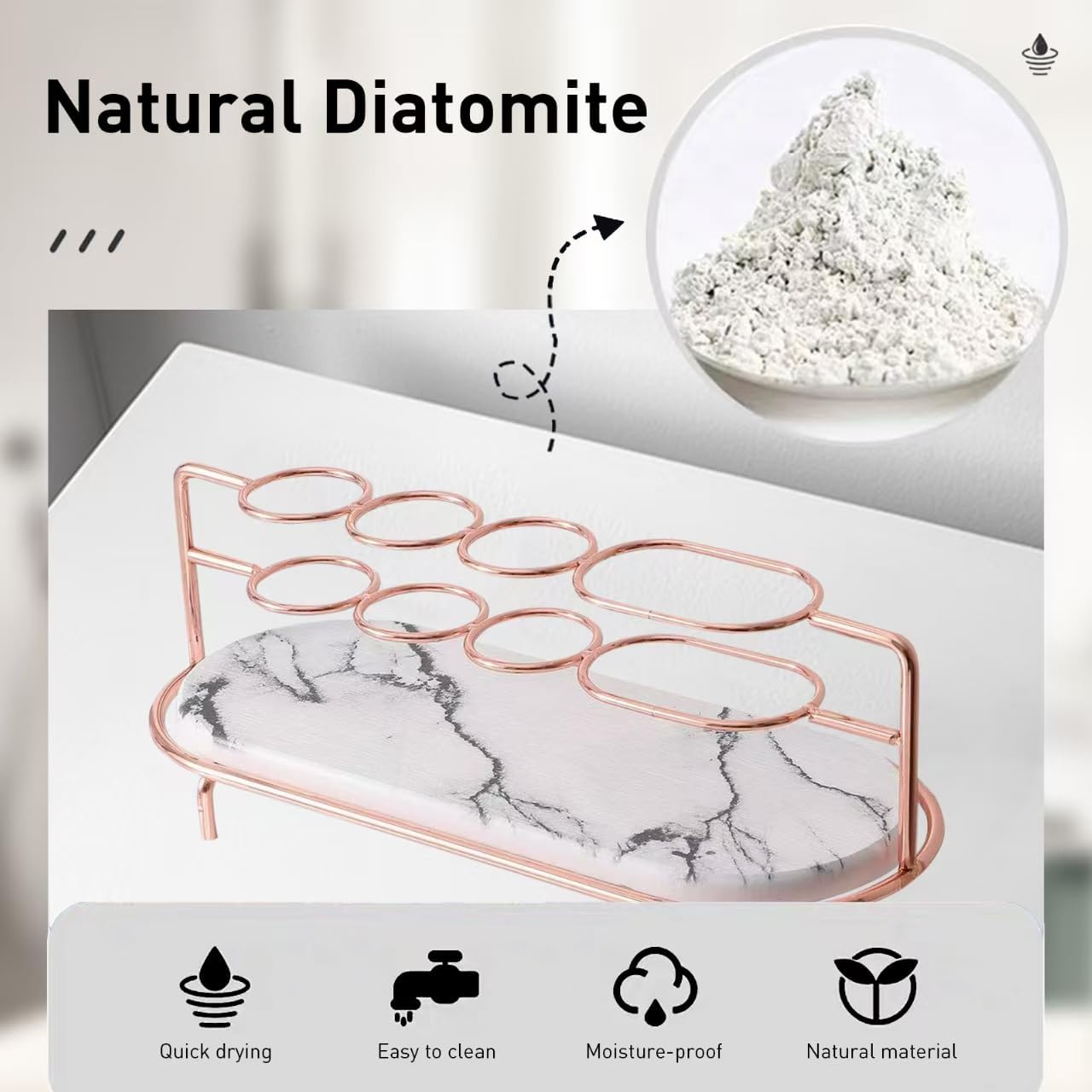 Toothbrush Holders for Bathroom,Metal Toothbrush Organizer with Diatomite Base, Water Absorption Quick Drying Bathroom Organizers and Storage,for Electric Toothbrush,Toothpaste,Razor,Makeup.Golden