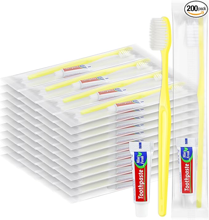 Yellow Disposable Toothbrushes with Toothpaste - Pack of 200,Individually Wrapped Single Use Travel Toothbrushes Kit Bulk for Homeless,Guests,Hotel,Dentist