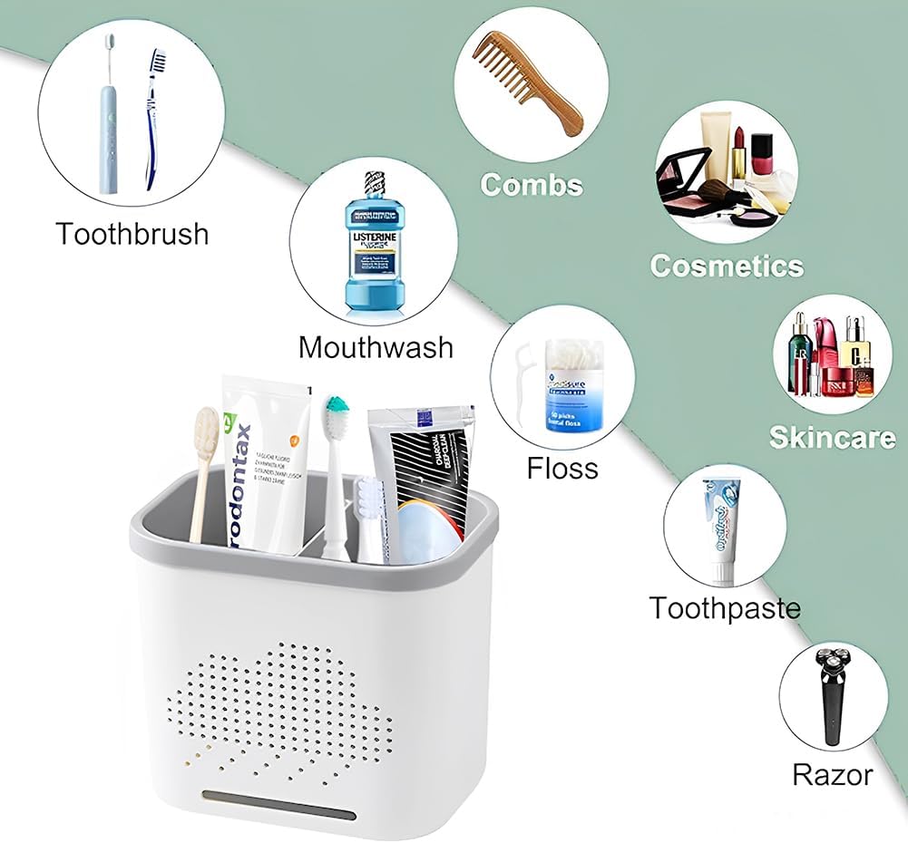 2 Slots Toothbrush Holder and Toothpaste Holder with Drain Hole, Detachable Easy Cleaning Multi-Functional Organizer Caddy Storage for Bathroom Vanity Sink Kitchen (White+Gray 2 compartments)