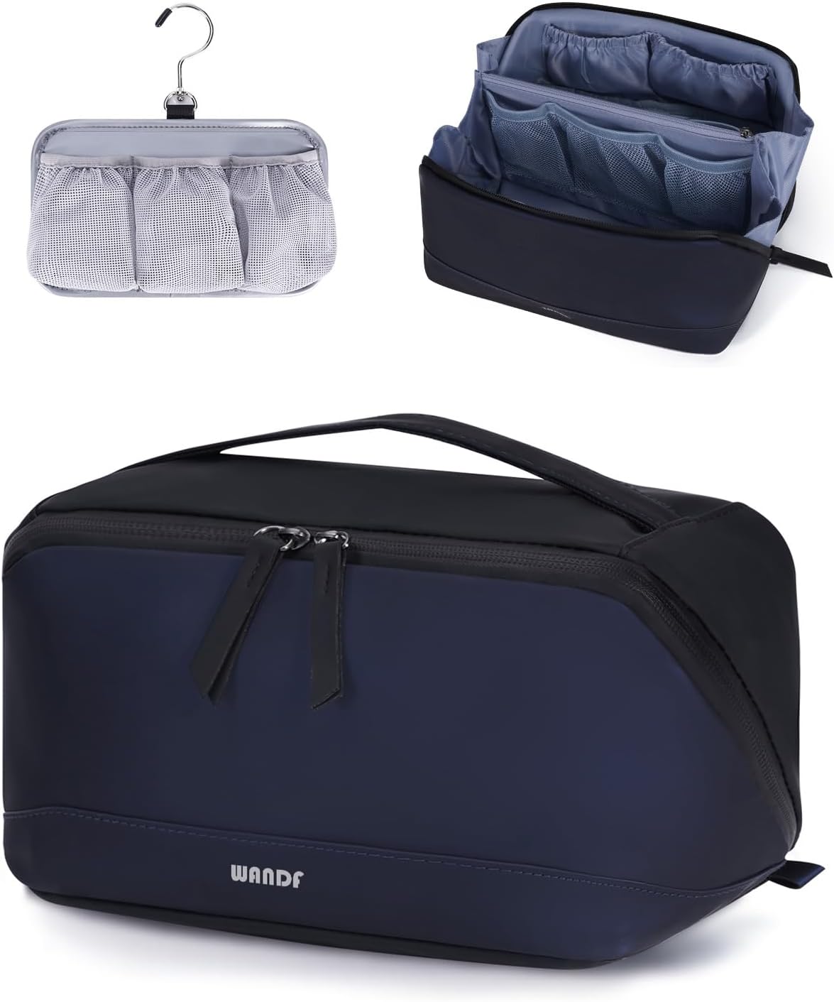 WANDF Toiletry Bag for Men, PU Leather Travel Organizer with Detachable Waterproof Hanging Pouch, Open-Flat Dopp Kit Shaving Bag with Wet Pocket for Travel Toiletries Accessories (Navy Blue)