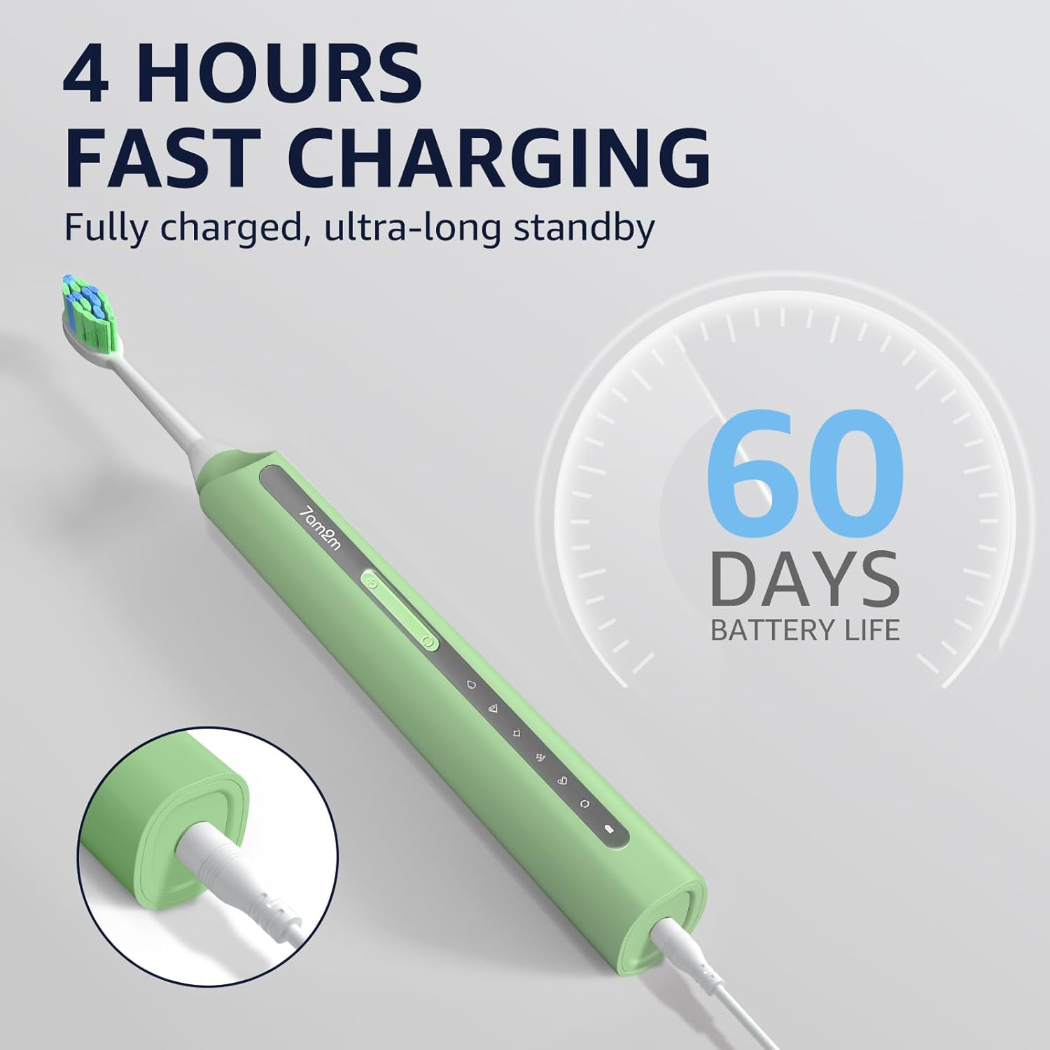 7AM2M Sonic Electric Toothbrush, High Power Rechargeable Toothbrushes, with 8 Brush Heads for Adults and Kids, 15 Adjustable Modes, Built-in 2-Minute Smart Timer, 4 Hours Fast Charge (Light Green)
