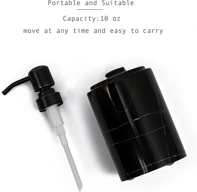 Black Marble Soap Dispenser Hand or Dish for Bathroom & Kitchen - Decorative Natural Marble Stone Liquid Soap/Lotion Dispenser - Stainless Steel Soap Dispenser Easy-Glide Pump - Refillable