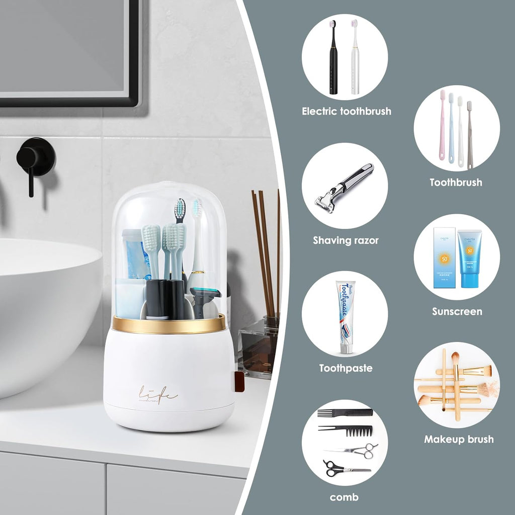EXIN DECHEN Toothbrush Holders with Cover for Bathrooms, 360° Rotating 7-Slot Draining Water for Placing Kids Electric Toothbrushes,Toothpaste,Razors,Bathroom Counter Dresser Vanity Organizer(White)