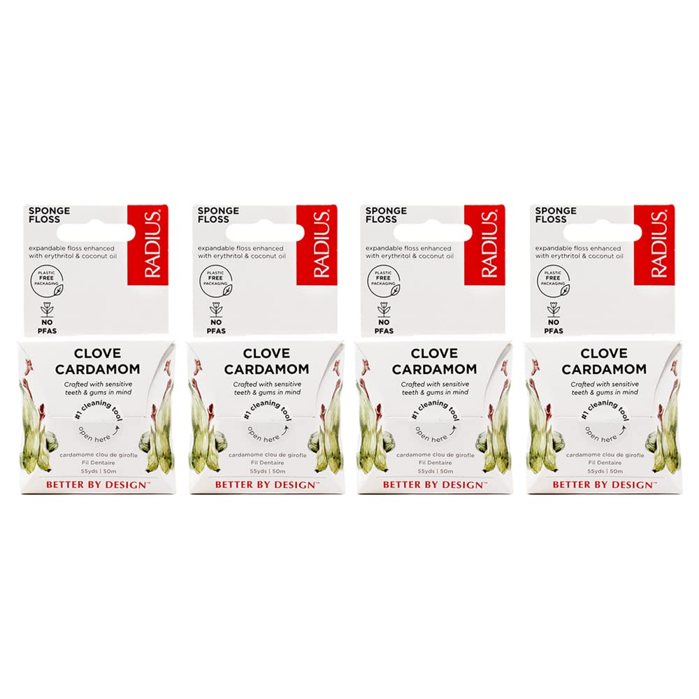 Radius Clove Cardamom Dental Floss 55 Yards Vegan & Non-Toxic Oral Care Boost & Designed to Help Fight Plaque Clear - Pack of 4