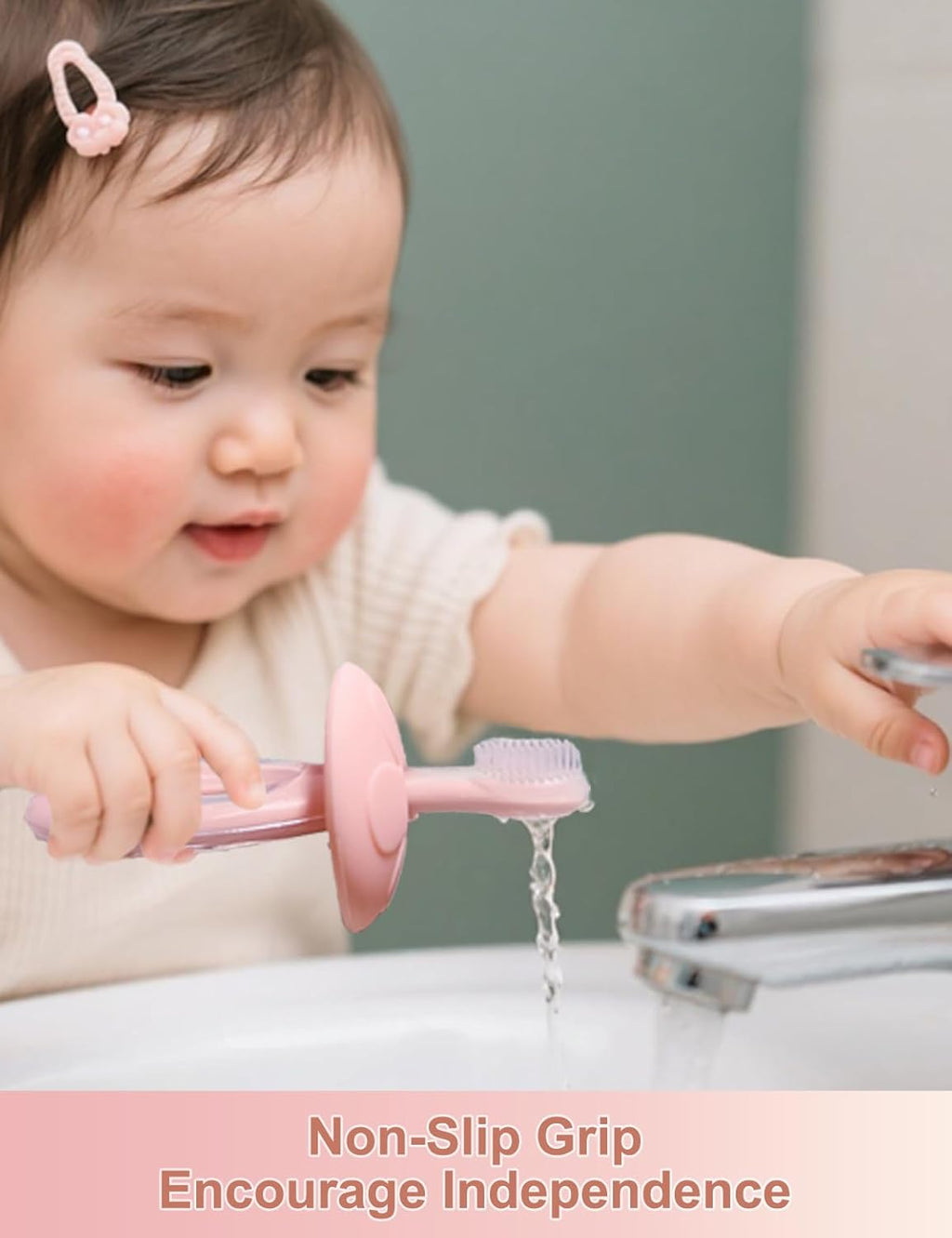 Baby Toothbrush & Teether for Infant and Toddler, Silicone Baby Oral and Tongue Cleaner, Ultra Soft Infant Training Toothbrush with Travel Case, Adjustable Safety Shield - Pink