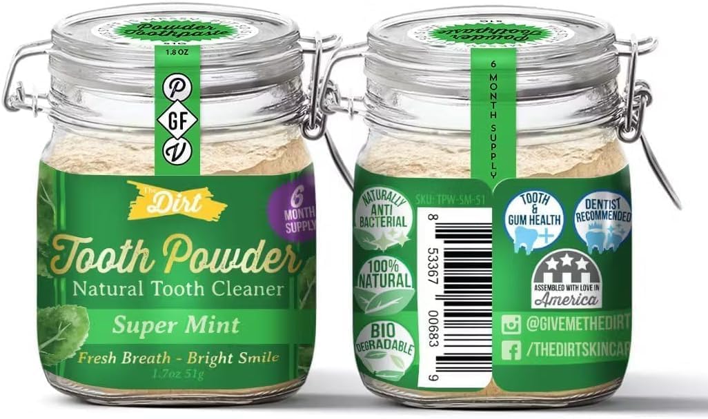 The Dirt - Remineralizing Tooth Powder, Natural Fluoride-Free Teeth Whitening Powder with Hydroxyapatite, Flouride & Gluten Free, Organic Vegan (Super Mint, 51g: 6 Month Supply)
