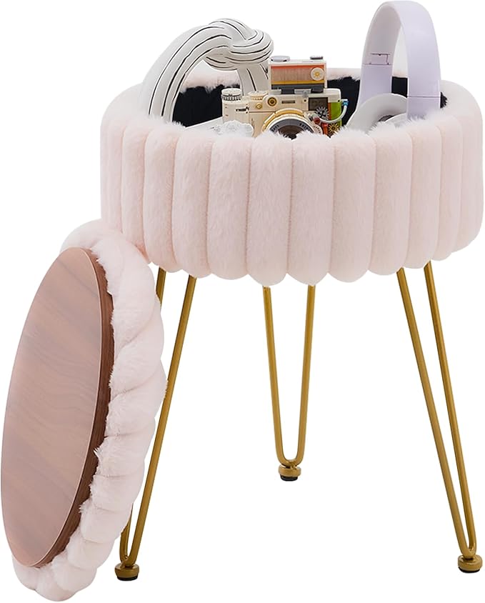 Wimarsbon Vanity Stool with Storage, Faux Fur Ottoman Chair with Metal Legs, Round Makeup Vanity Chair for Bedroom or Dressing Table, Modern Small Ottoman Seat (Champagne-1)